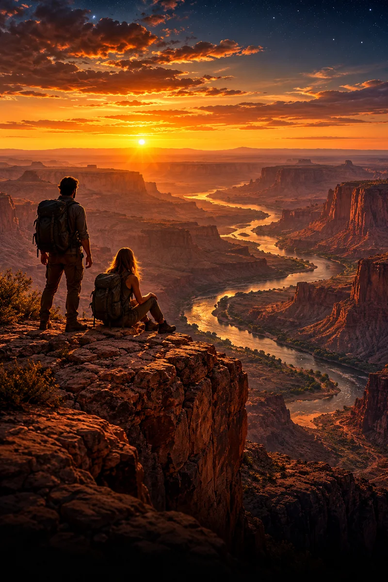 Dois aventureiros em um cânion ao pôr do sol, ilustração de aventura