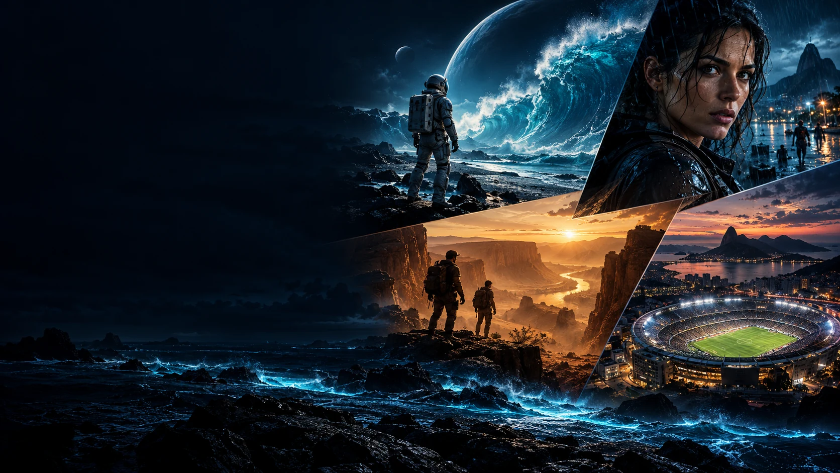 Arte cinematográfica ilustrativa com astronauta, suspense, aventura e estádio