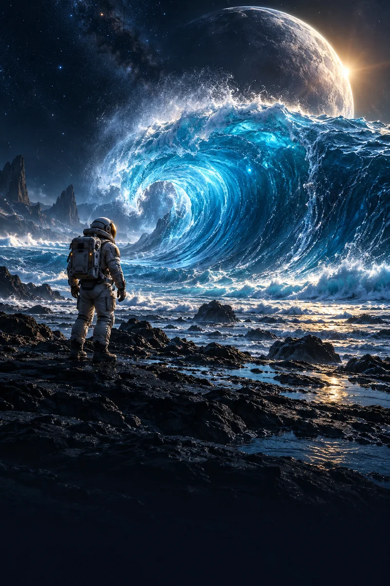 Astronauta diante de uma onda em um planeta distante, ilustração de ficção científica